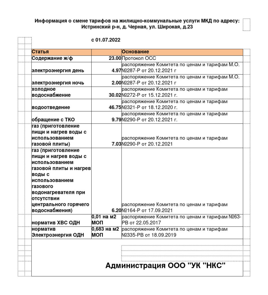 тарифы Истринский район д.Черная ул.Широкая 23